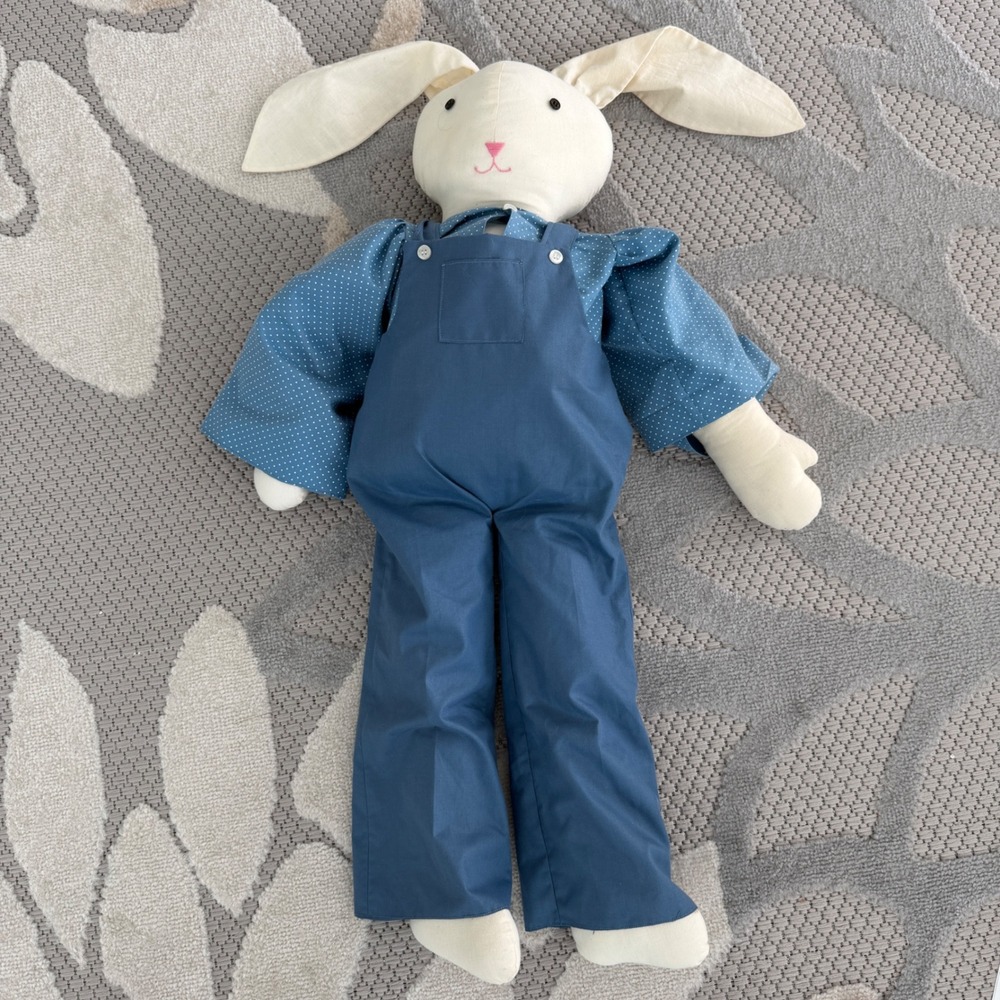 Handmade Cloth Bunny Plush Rabbit Blue Cottagecore Overalls Polka Dot Shirt